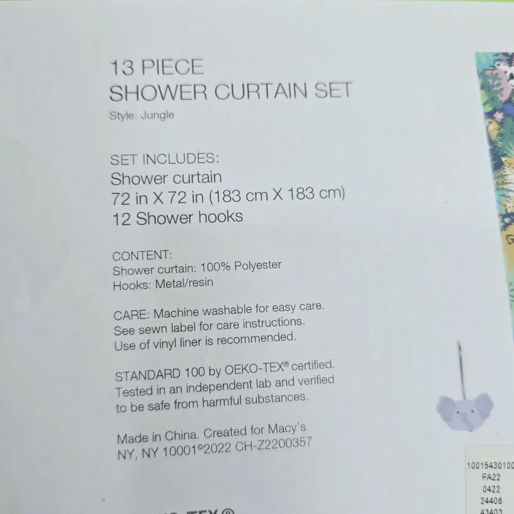 New Charter Club Kids Green 13-Piece Jungle Shower Curtain,‎ 72
